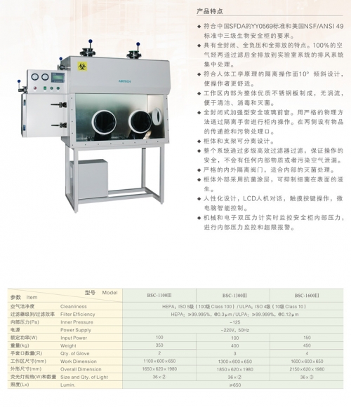 蘇州安泰三級生物安全柜BSC-1300Ⅲ